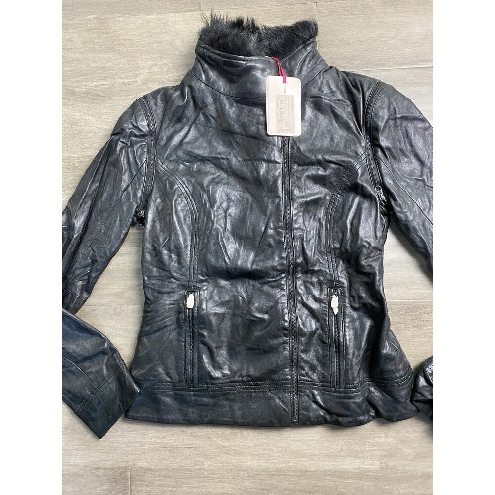 $675 Ted Baker Leather Jacket Furrly  Shearling Trim SIZE 2 US 6 Detached Sleeve
